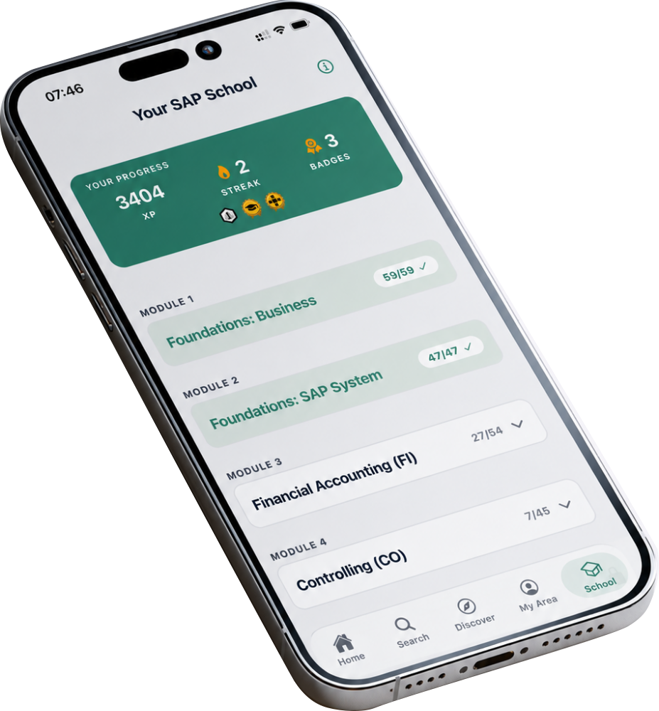 SAP School curriculum in the ERP Coach app showing modules for business foundations, SAP system, Financial Accounting and Controlling