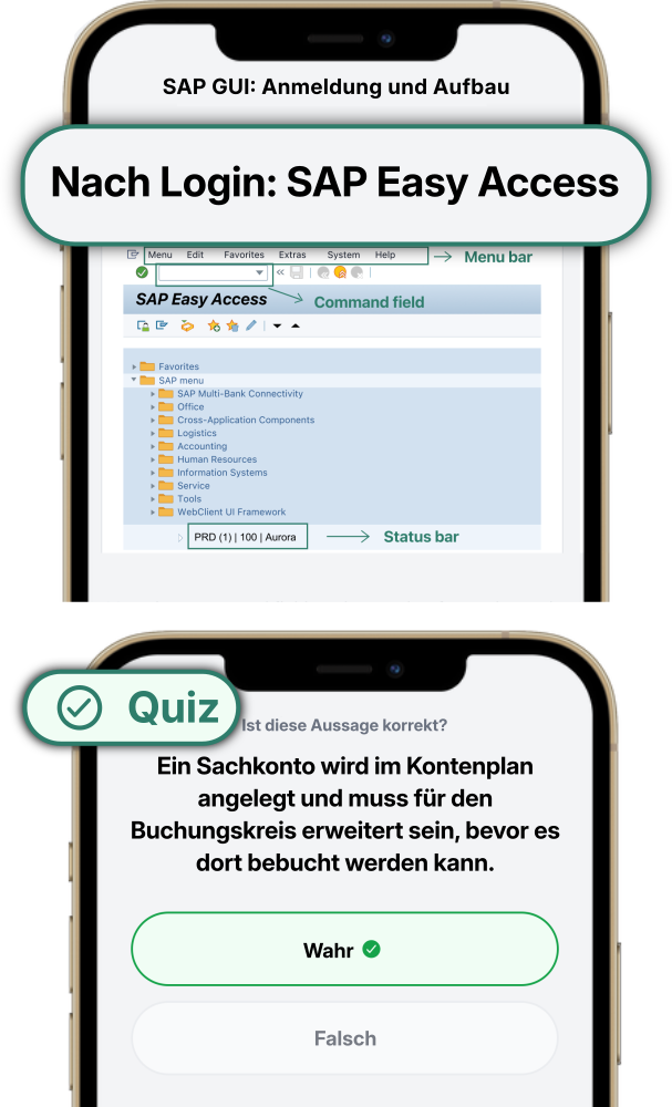SAP Lektion in der ERP Coach App zum SAP GUI Anmeldebildschirm mit anschließender Quizfrage zu Sachkonten