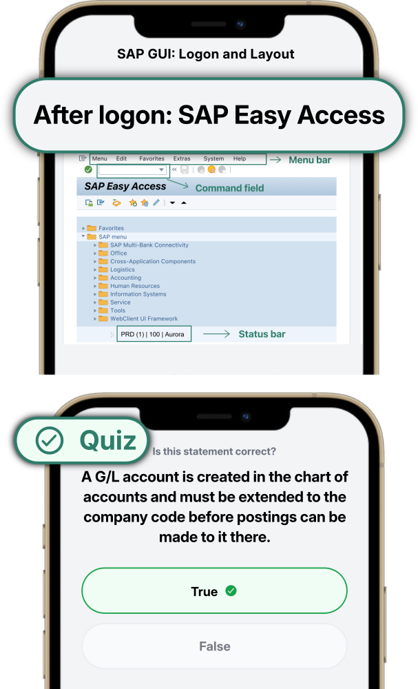 SAP lesson in the ERP Coach app explaining the SAP GUI logon screen, followed by a quiz question on G/L accounts