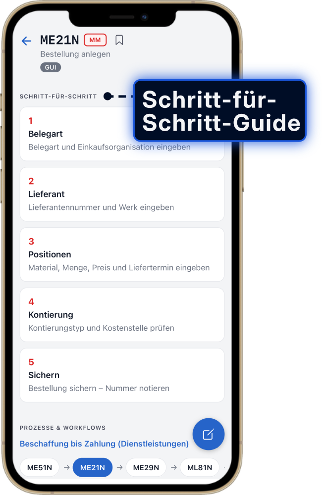 Schritt-für-Schritt-Anleitung für die SAP Transaktion ME21N zum Anlegen einer Bestellung in der ERP Coach App