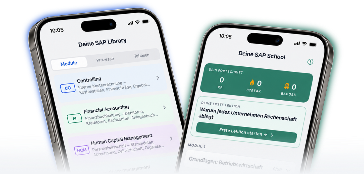 SAP Library und SAP School nebeneinander in der ERP Coach App